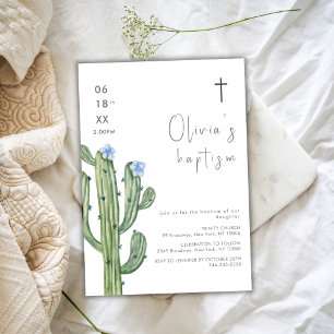 Modern Blue Watercolor Cuctus Floral Cross Baptism Invitation