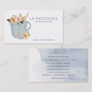 Modern Blue Watercolor Floral Bakery Pastry Chef Business Card