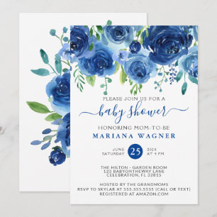 Modern Blue Watercolor Floral Boy Baby Shower Invitation