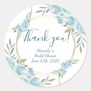 Modern Blue Watercolor Floral Bridal Shower Classic Round Sticker