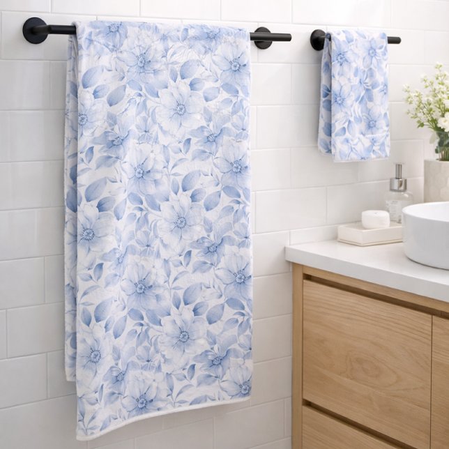 Modern Blue Watercolor Floral Pattern Bath Towel Set (Creator Uploaded)
