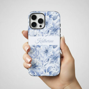 Modern Blue Watercolor Floral Pattern Name iPhone 16 Pro Max Case