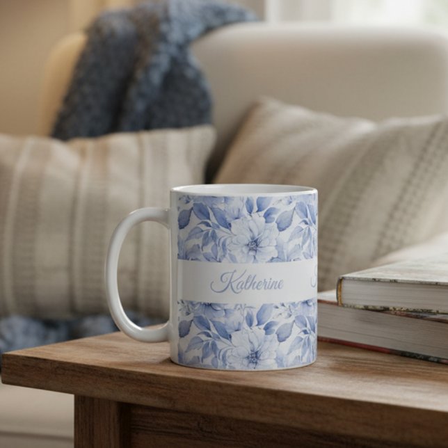 Modern Blue Watercolor Floral Pattern Name Coffee Mug (Creator Uploaded)