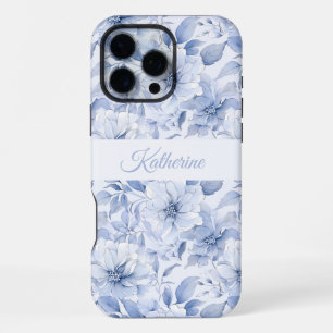 Modern Blue Watercolor Floral Pattern Name iPhone 16 Pro Max Case