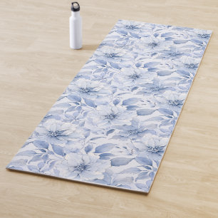 Modern Blue Watercolor Floral Pattern Name Yoga Mat