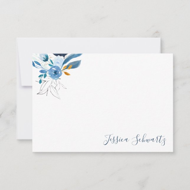 Modern Blue Watercolor Floral Personalized Name Card (Front)
