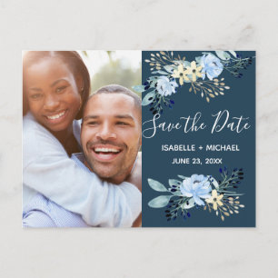 Modern Blue Watercolor Floral Save the Date Photo Announcement Postcard