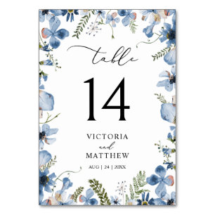Modern Blue Watercolor Floral Table number Cards