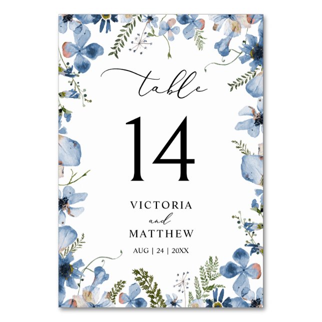 Modern Blue Watercolor Floral Table number Cards  (Front)