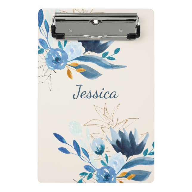 Modern Blue Watercolor Florals Personalized Name Mini Clipboard (Front)
