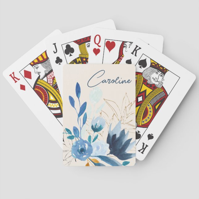 Modern Blue Watercolor Flowers Personalized Name Playing Cards (Back)