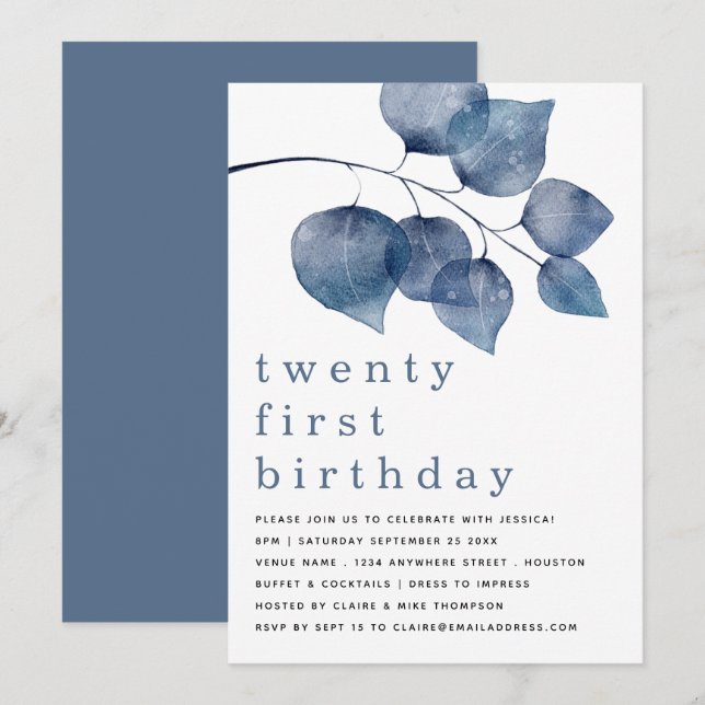 Modern Blue Watercolor Foliage Twenty First Invitation (Front/Back)