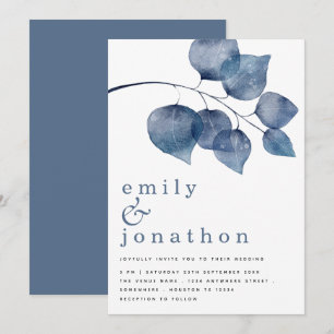 Modern Blue Watercolor Foliage Wedding Invitation