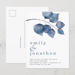 Modern Blue Watercolor Foliage Wedding Save Date Announcement Postcard