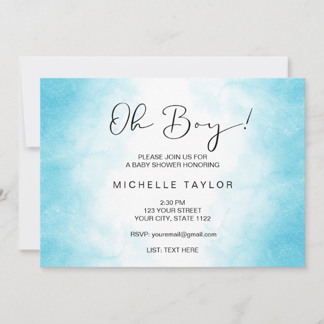 Modern blue watercolor oh boy baby shower invitati invitation (Front)