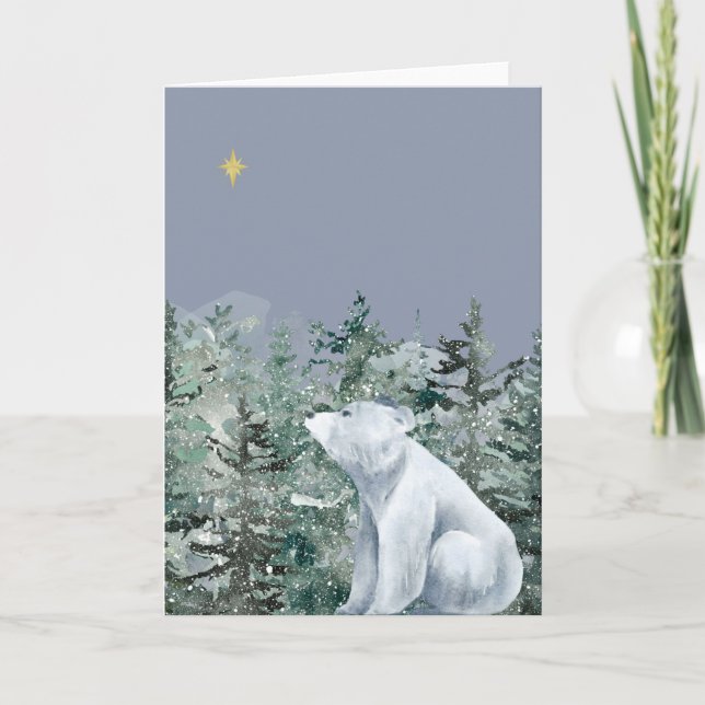 Modern Blue Watercolor Polar Bear Christmas Card (Front)