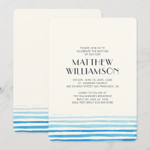 Modern Blue Watercolor Stripes Baptism Invitation