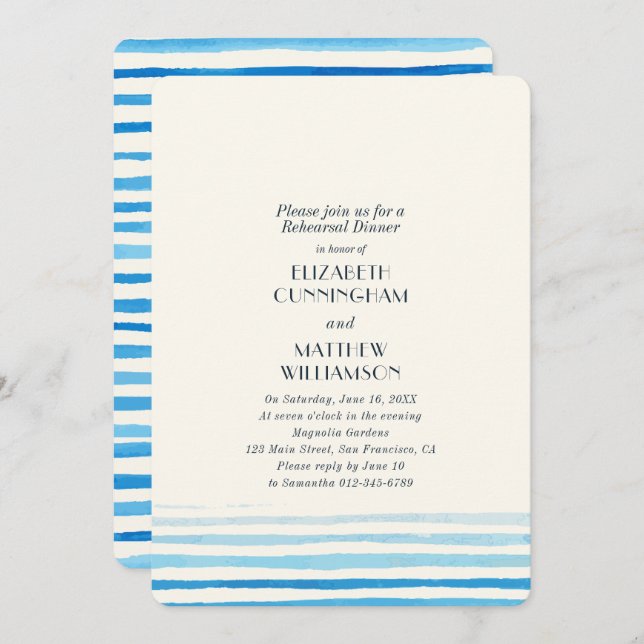 Modern Blue Watercolor Stripes Rehearsal Dinner Invitation (Front/Back)