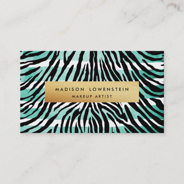 Modern Blue Watercolor Stripes Zebra Pattern Gold Business Card (Front)
