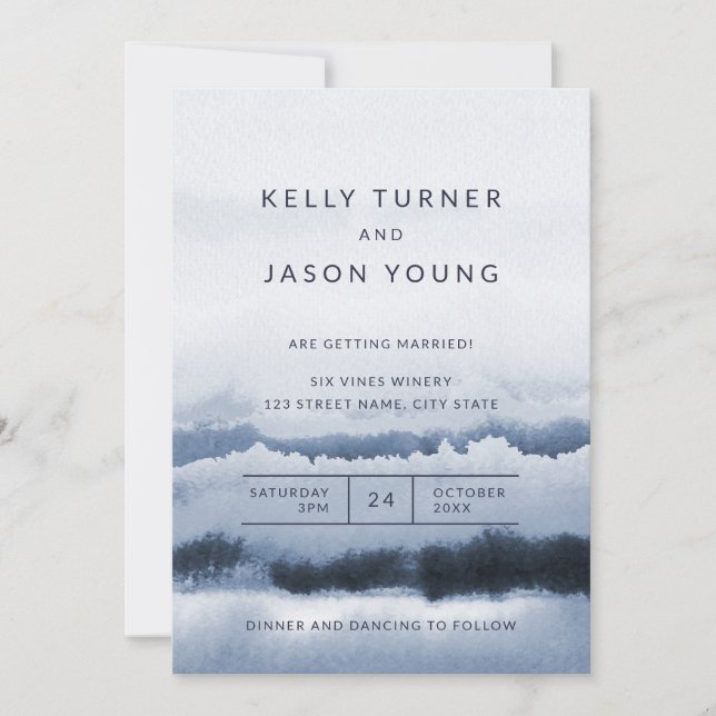 Modern Blue Watercolor Tie Dye Abstract Wedding Invitation (Front)