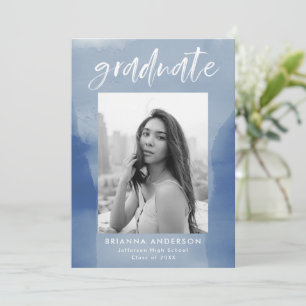 Modern Blue Watercolor Wash Photo Graduation Party Invitation