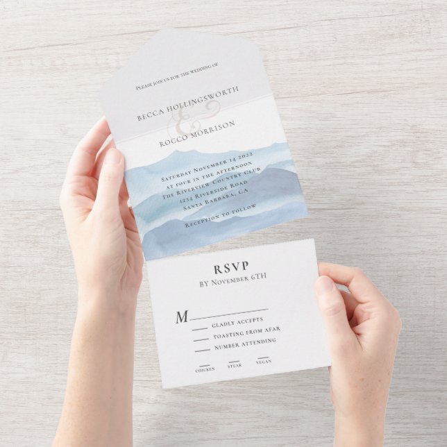 Modern Blue Watercolor Wedding  All In One Invitation (Tearaway)