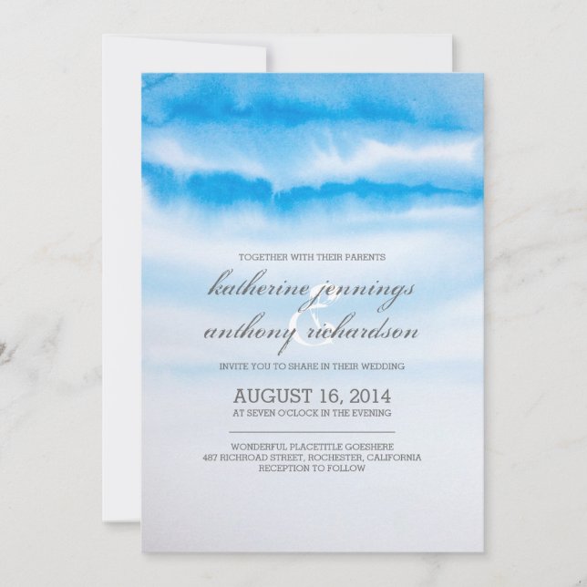 Modern blue watercolor wedding invitations (Front)