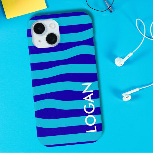 Modern Blue Wave Stripe with Custom Name iPhone 15 Case