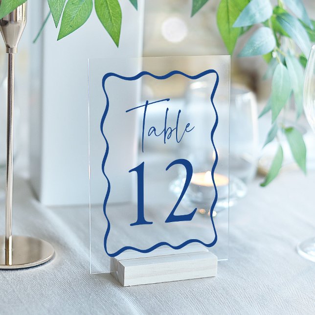 Modern Blue Wavy Frame Acrylic Table Numbers (Please note: this table card does not come with a stand.)