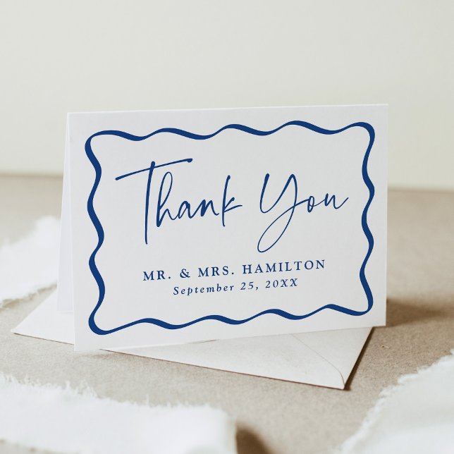 Modern Blue Wavy Frame Photo Wedding Thank You Card (Creator Uploaded)