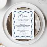 Modern Blue Wavy Frame Wedding Menu<br><div class="desc">Add a vintage touch to your engagement party, rehearsal dinner, or wedding reception with this Modern Blue Wavy Frame wedding menu. The design displays the couple's names, wedding date, and menu options in bold blue lettering surrounded by a blue wavy frame border against a white background. The retro wedding menu...</div>