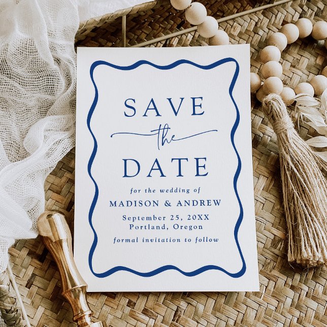 Modern Blue Wavy Frame Wedding Save The Date (Creator Uploaded)