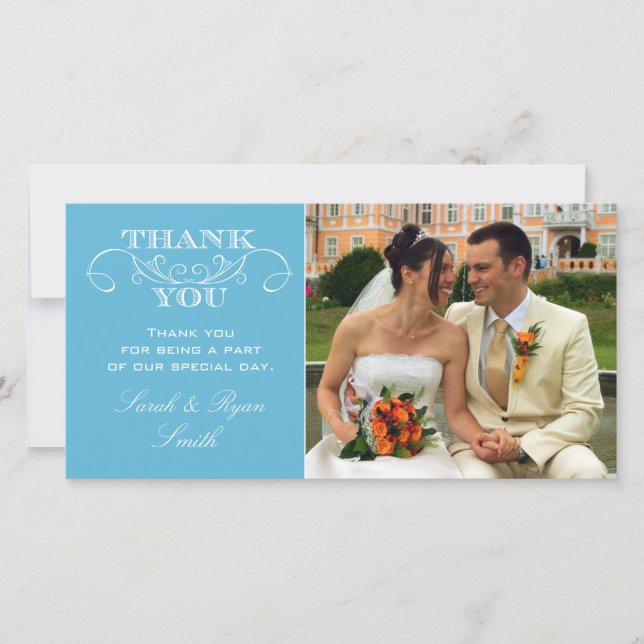 Modern Blue Wedding Photo Thank You Cards (Front)