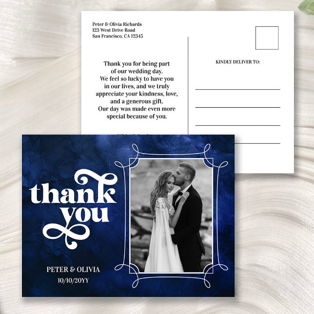 Modern Blue Wedding Thank You Photo Postcard (Creator Uploaded)
