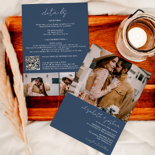 Modern blue white 4 photo Qr all in one wedding Invitation
