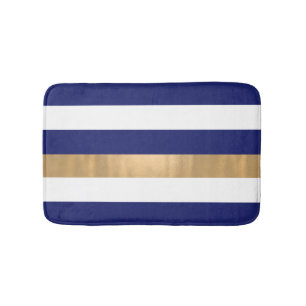 Modern Blue White and Gold Striped Bath Mat