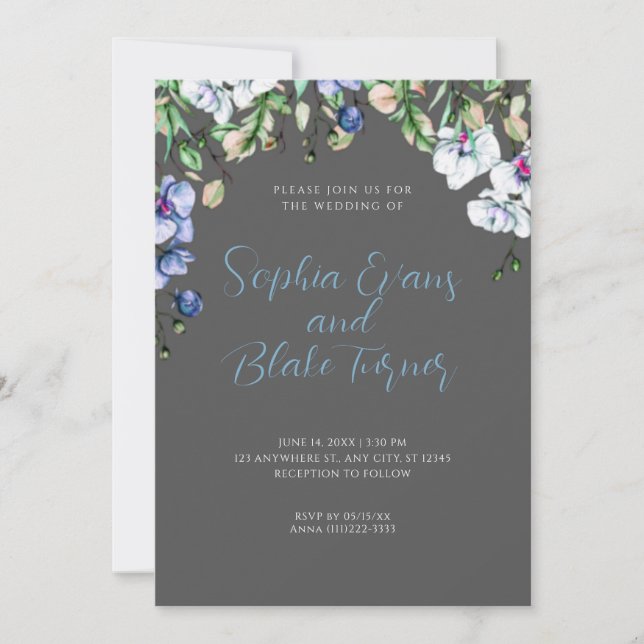 Modern Blue, White and Grey Floral Green Wedding Invitation (Front)