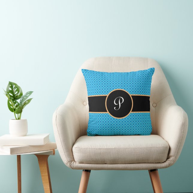 Modern Blue White Black Monogram Quatrefoil Throw Pillow (Chair)