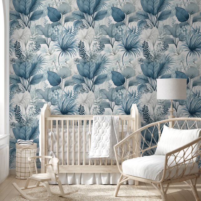 Modern Blue White Botanical Peel and Stick Wallpaper (Kids)