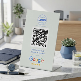 Modern Blue & White Business Review QR Code Pedestal Sign