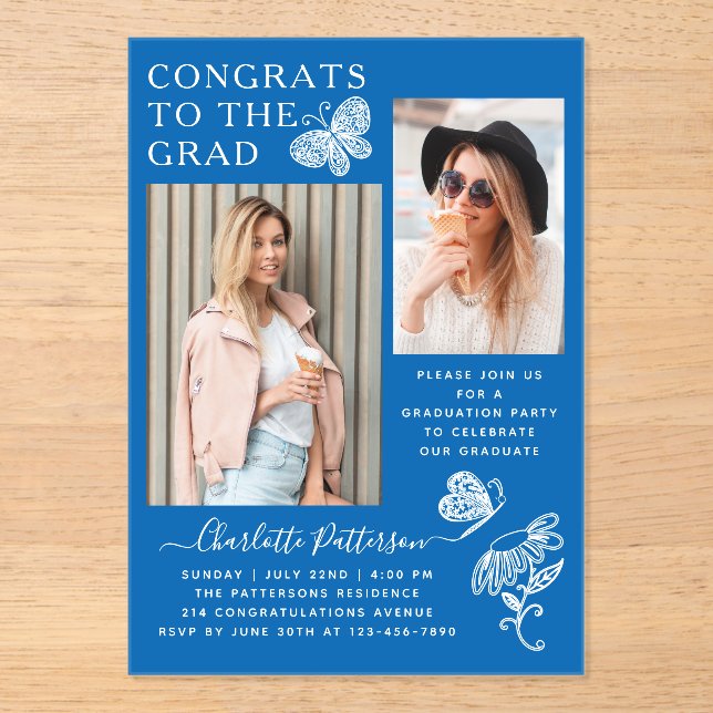 Modern Blue White Butterfly Photo Graduation Party Acrylic Invitations (Front)