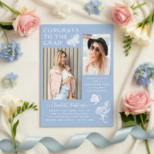Modern Blue White Butterfly Photo Graduation Party Acrylic Invitations
