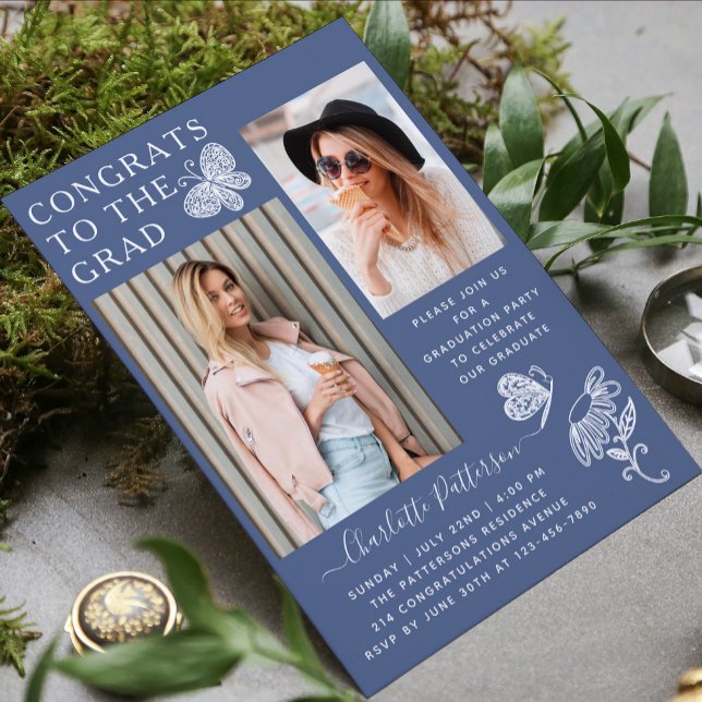 Modern Blue White Butterfly Photo Graduation Party Invitation (Creator Uploaded)
