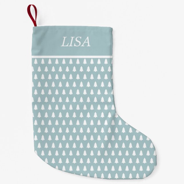 Modern Blue White Christmas Tree Pattern Name Small Christmas Stocking (Front)
