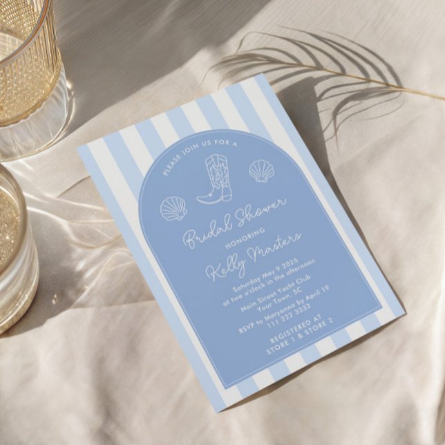 Modern Blue & White Coastal Cowgirl Bridal Shower Invitation (Simple uncomplicated blue and white Coastal Cowgirl theme bridal shower invite template)