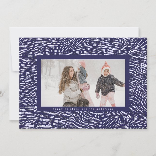 Modern Blue & White Doodle Christmas Frame Photo Holiday Card (Front)