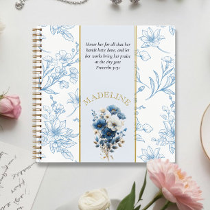 Modern Blue White Floral Bible Verse Custom Name Notebook