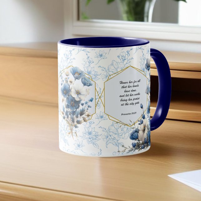 Modern Blue White Floral Bible Verse Mug (Creator Uploaded)