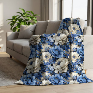 Modern Blue White Floral Ivory Cozy Throw Blanket