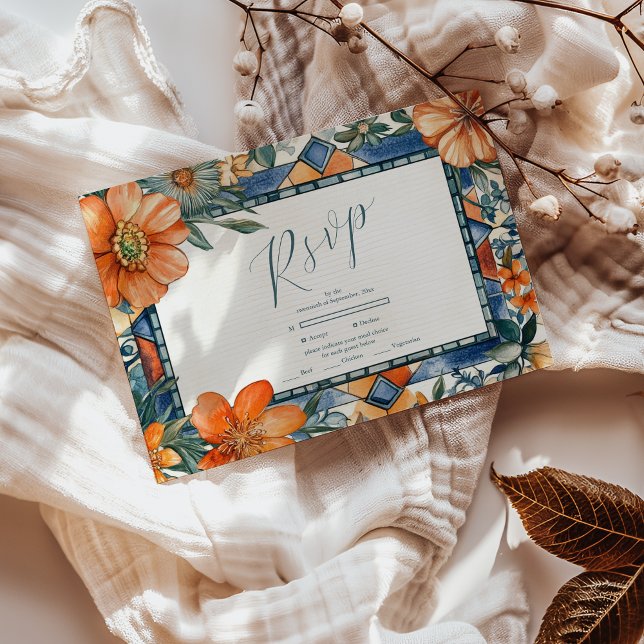 Modern Blue & White Floral Mediterranean Tiles RSVP Card (Creator Uploaded)